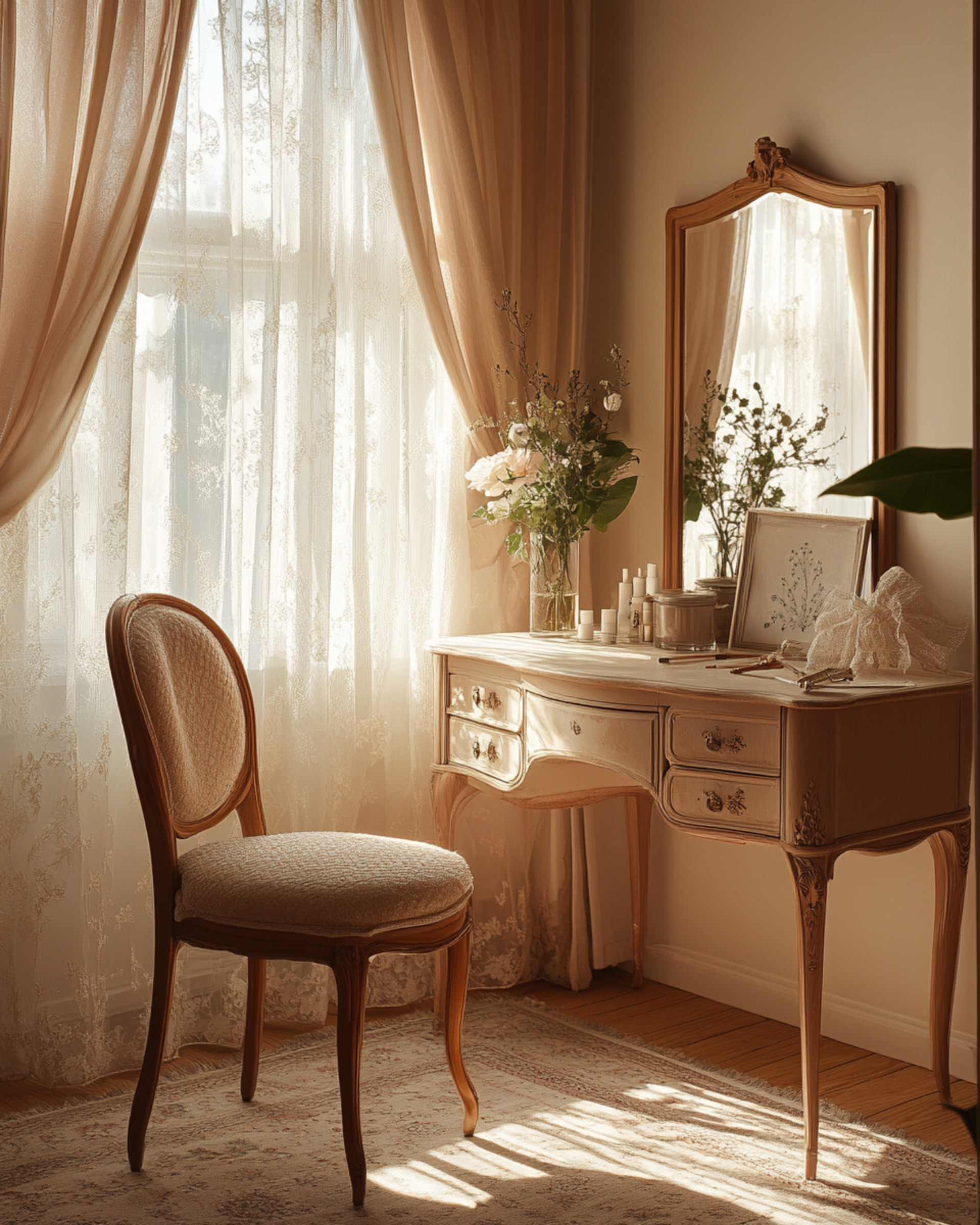 Refined dressing area with soft light, mirror and vanity, representing professional preparation and discretion for Ivory Heritage Club companions.