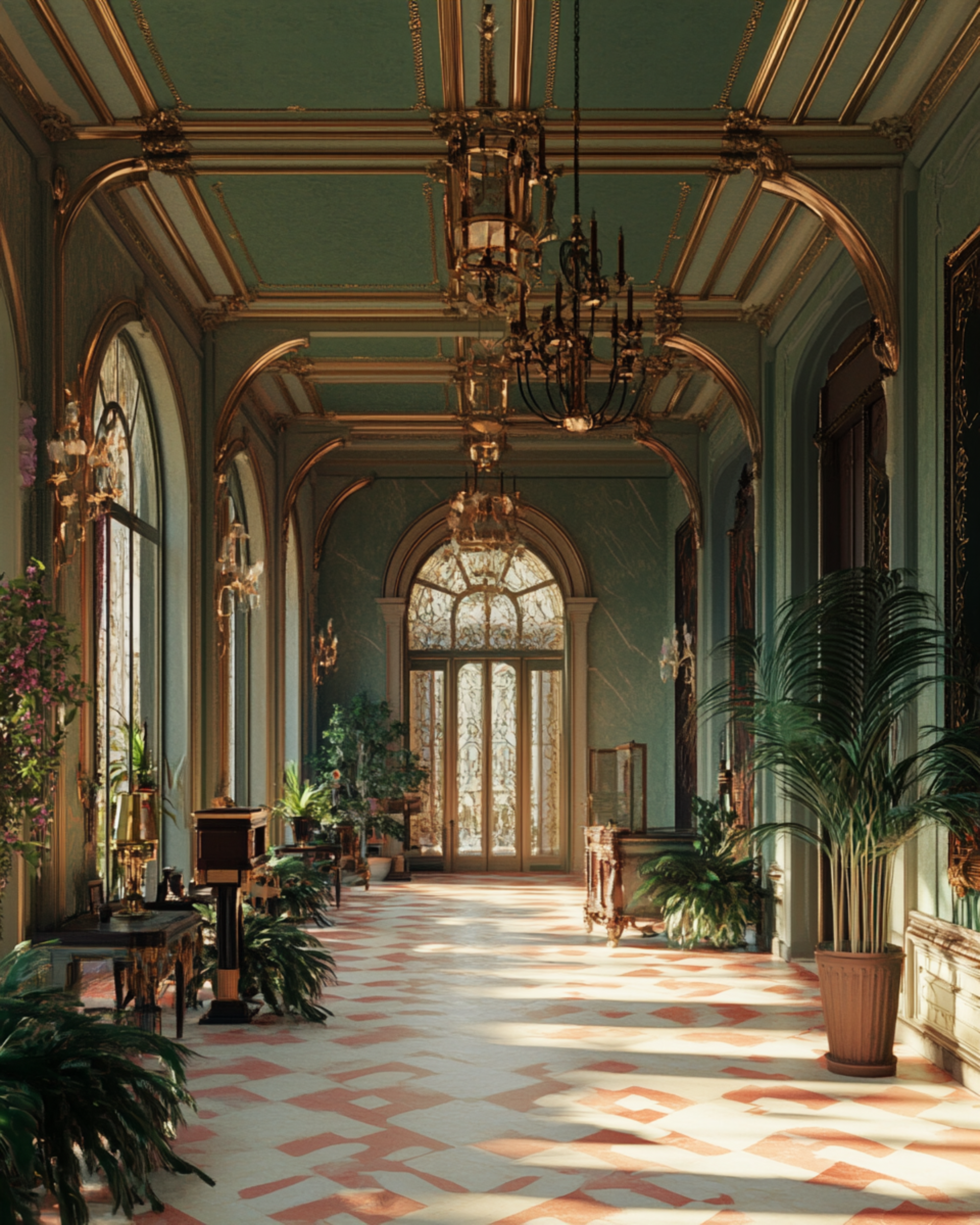 Elegant European entry hall with chandeliers, arched windows and soft light, reflecting discretion and refined access.