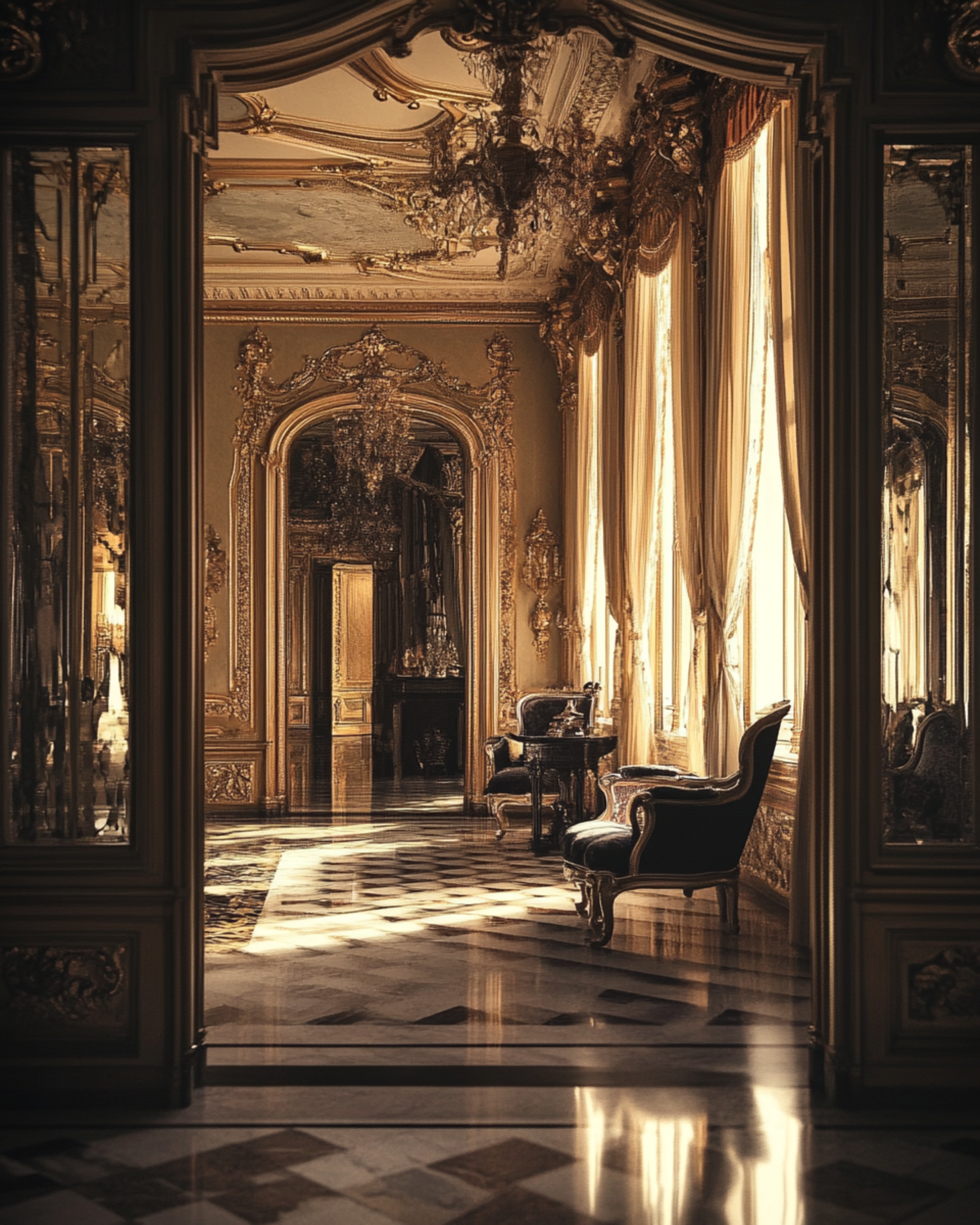 Grand private interior with soft golden light, ornate detailing and quiet luxury atmosphere, representing the refined world of Ivory Heritage Club.