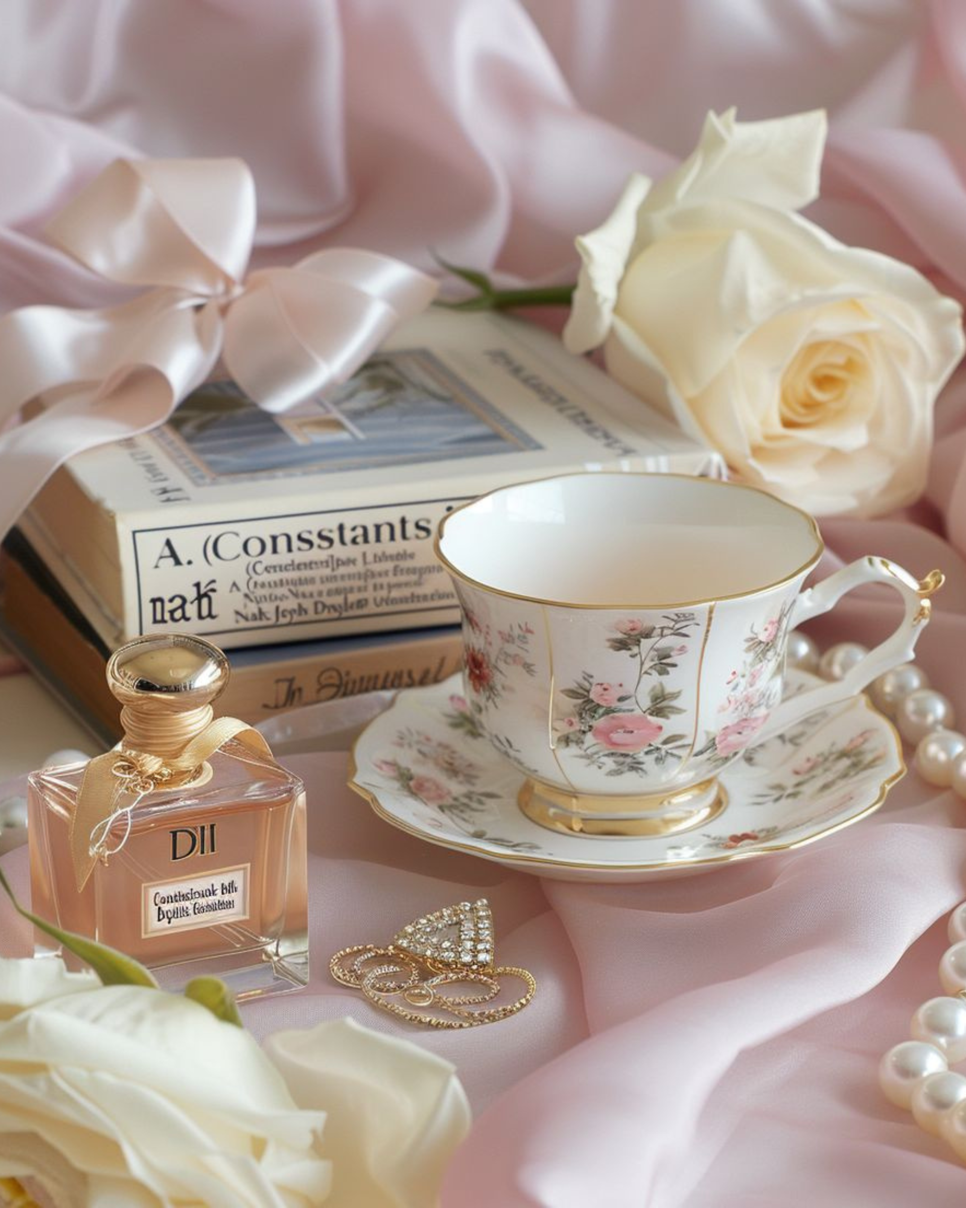 Curated luxury still life featuring fine porcelain teacup, vintage book, perfume and pearls in soft ivory tones, representing refined taste and intentional selection.