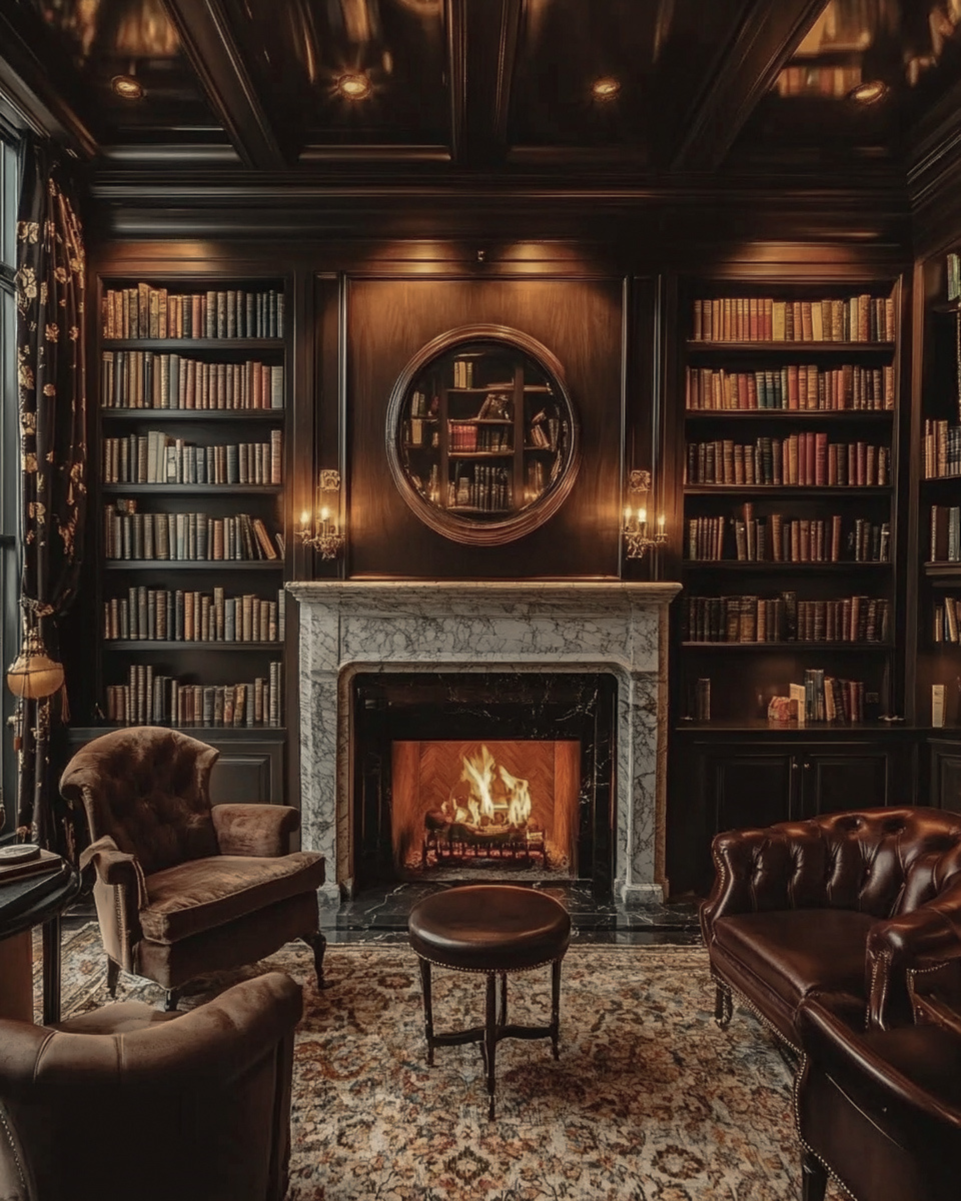 A refined private members’ lounge with a fireplace and library, symbolising access, discretion, and membership within Ivory Heritage Club.