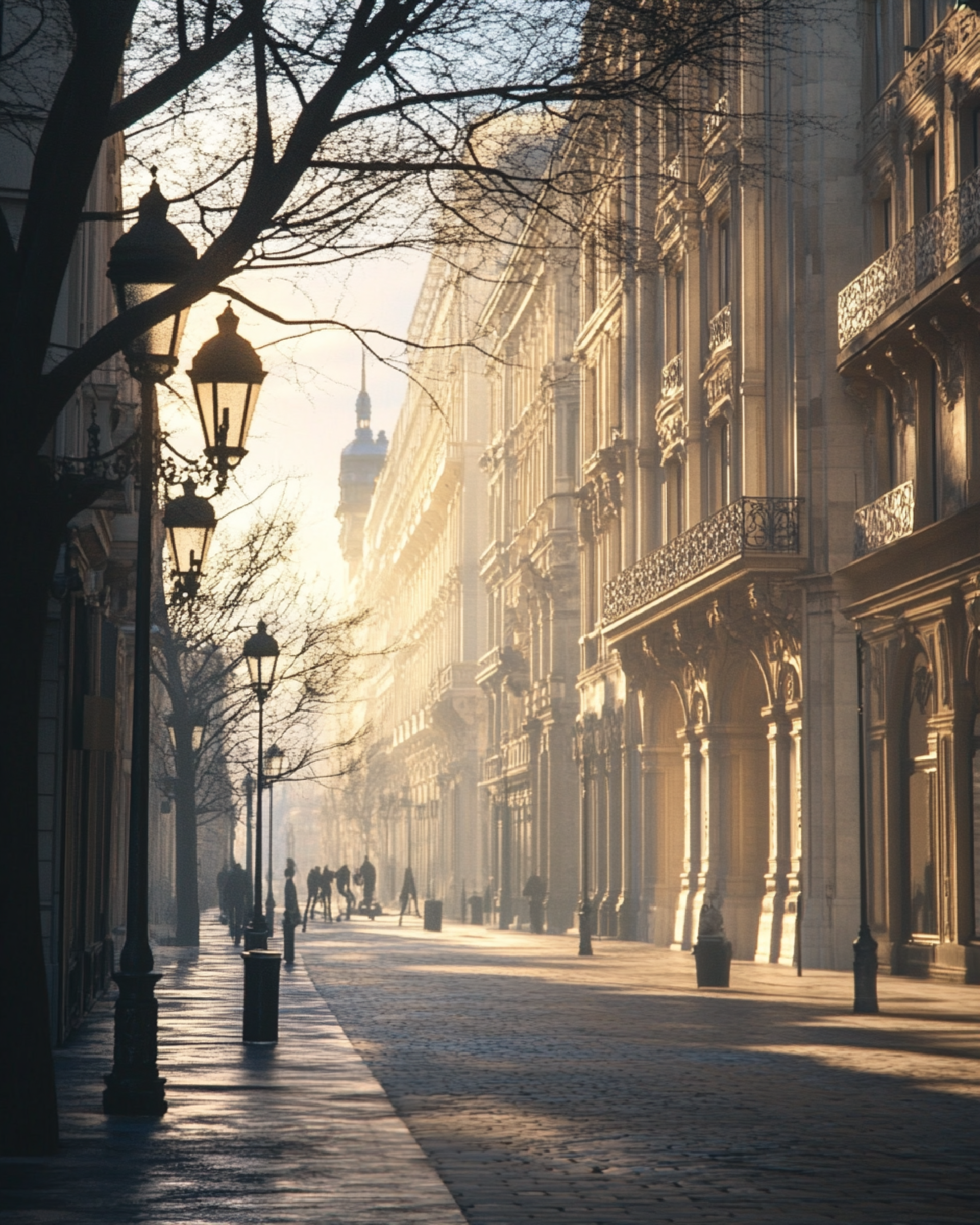 Luxury European street architecture at sunrise representing refined travel intelligence and discreet lifestyle positioning.