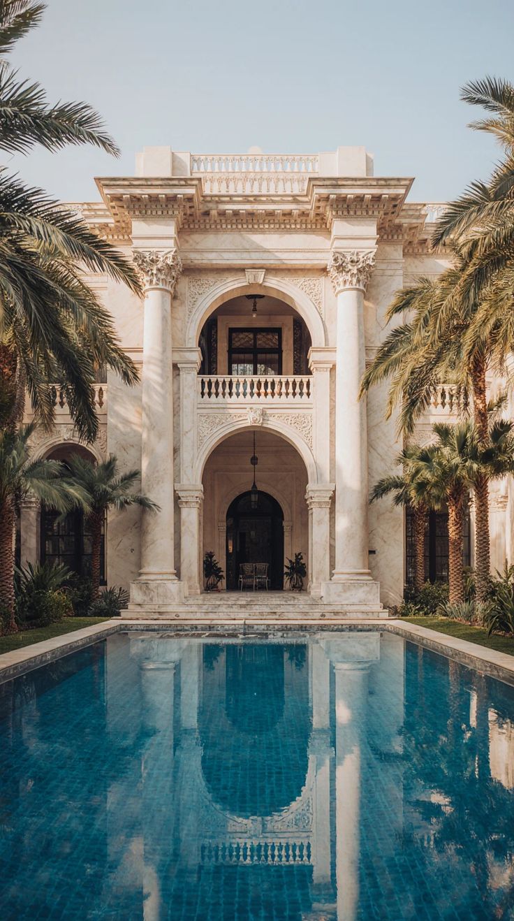 Luxury villa in Dubai with classical architecture and private pool, reflecting refined travel and lifestyle